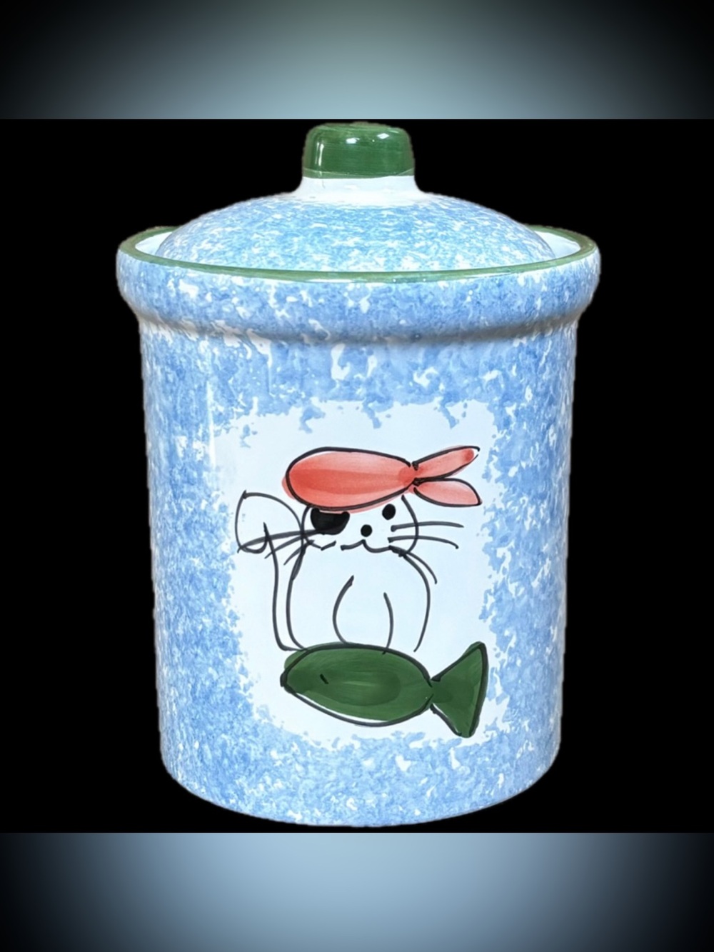 Vintage Himark Pirate Cat Spongeware Cookie Treat Jar Canister Ceramic Funny
